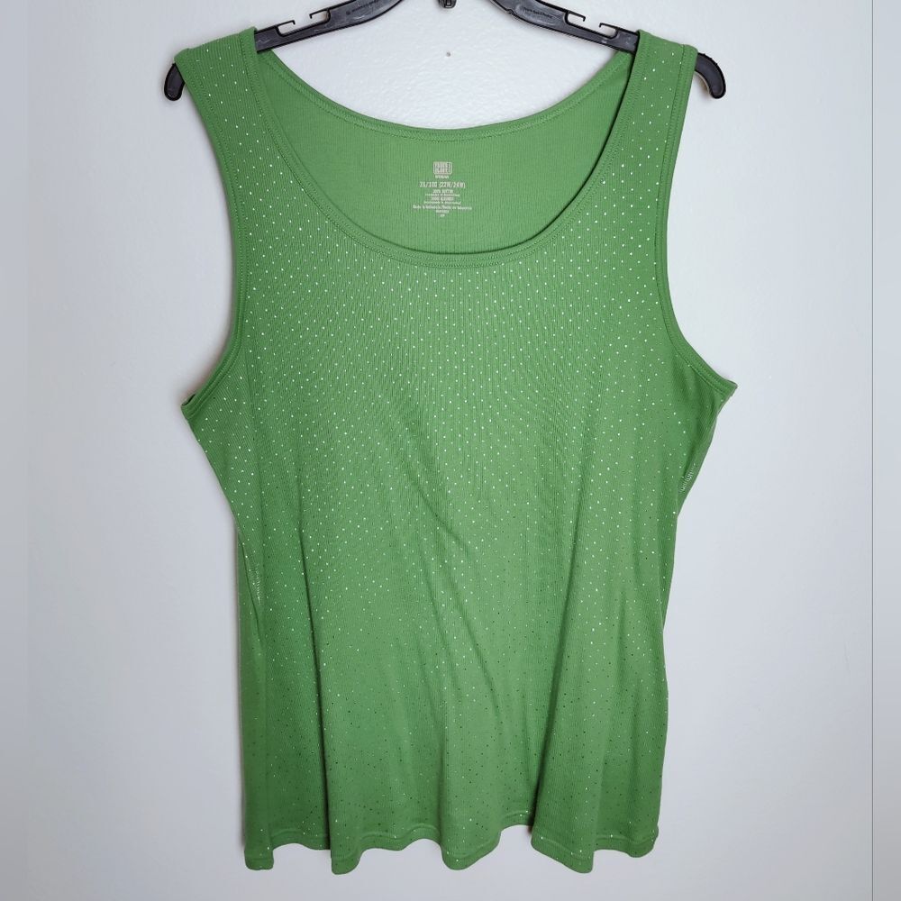 NWOT Faded Glory Green Silver Polka Dot Ribbed Knit Tank Top, Sz 3X